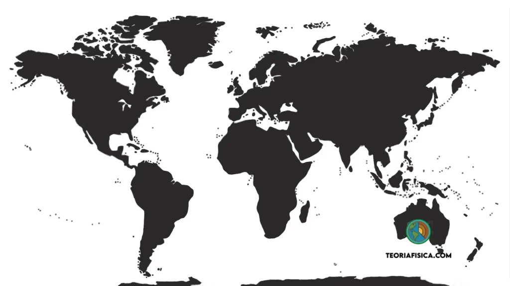 Mapa moderno da Terra mostrando a colisão da Índia com a Ásia, que deu origem ao Himalaia e ao planalto do Tibete, a separação da Groenlândia da Eurásia e a união das Américas pelo Arco do Panamá.